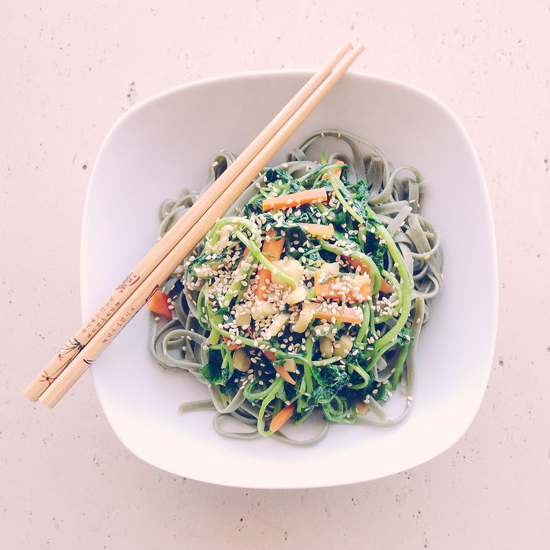Asian Style Spirulina Noodles with Green Veggies.